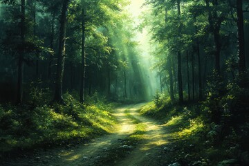 Obraz premium Mystical Forest Path with Sunbeams and Vibrant Green Foliage at Dawn