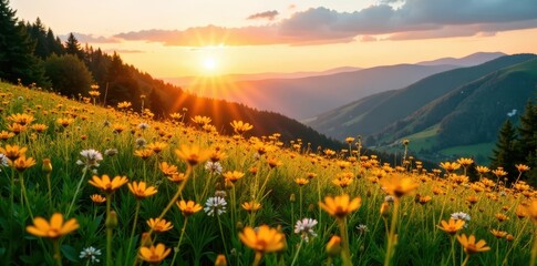 Fototapeta premium Golden hues of sunset cast a warm glow on the mountain wildflower meadow, yellow, grass, meadow