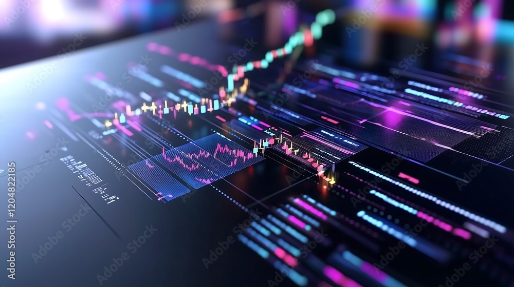 Poster Dynamic 3D visualization of data streams representing financial performance and market dynamics in a futuristic tech background.