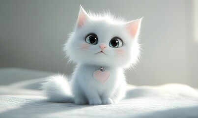 Adorable fluffy white kitten with pink heart charm sitting on a bed.