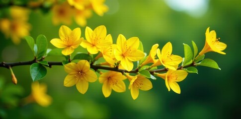Obraz premium lush greenish yellow cananga blooms on tree branches, flowers, foliage