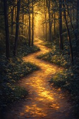 Fototapeta premium Sunlit Forest Pathway with Dreamy Atmosphere in Morning Light