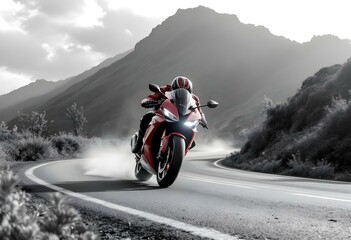 A red sports bike is speeding along a winding mountain road at sunset.