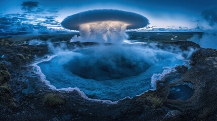 Fototapeta premium Geothermal eruption, lenticular cloud, Iceland landscape, twilight