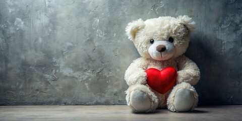 A charming white teddy, clutching a red heart, rests against a grey wall in a candid shot.
