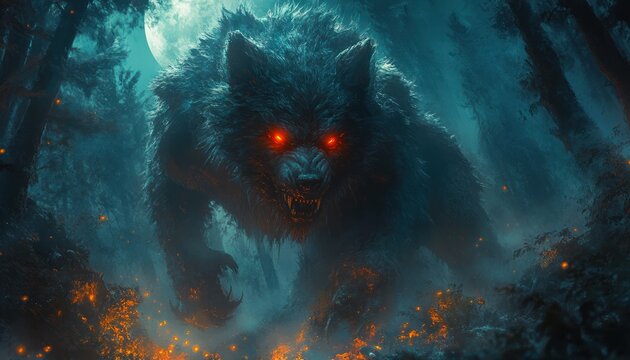 Menacing Creature in Dark Forest with Glowing Red Eyes and Twisted Trees Under Full Moon