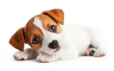 A high-resolution photograph of a Jack Russell terrier puppy tilting its head with a curious expression, its energetic nature shining through on a white background 