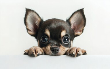 A playful Chihuahua puppy peeking over its paws, its tiny frame and oversized ears captured in sharp high resolution against a clean white background 