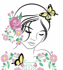 woman with flowers and butterflies