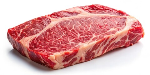 Aerial close-up: vibrant red, raw top blade chuck steak, ready for grilling.