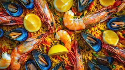 Traditional Spanish paella with seafood and saffron. Featuring a vibrant and aromatic dish. Highlighting the texture and flavors of the paella. Ideal for food and cultural themes.