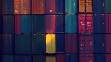 Drone shot of shipping containers in neat rows at a port, international freight management animation Triadic Color Scheme