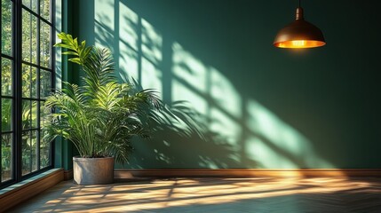 Minimalist Scandinavian Office Studio Background with Green Wall and Ambient Lighting for Online Lessons and Tutorials