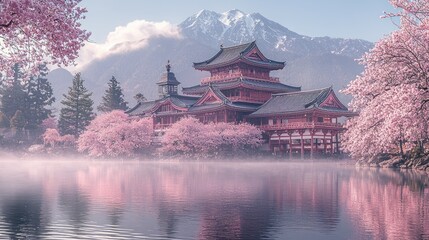 Naklejka premium Serene Japanese Temple Amidst Blooming Cherry Blossoms and Misty Mountains