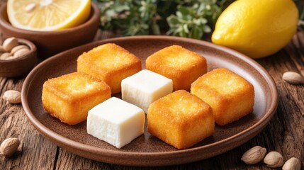 A plate of Greek saganaki fried cheese with lemon wedges