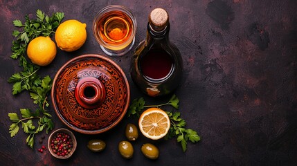 Tagine pot, wine, lemons, olives, herbs on dark background.
