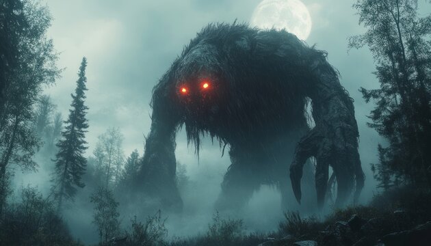 Eerie Forest with Menacing Creature Glowing Red Eyes Under Full Moon