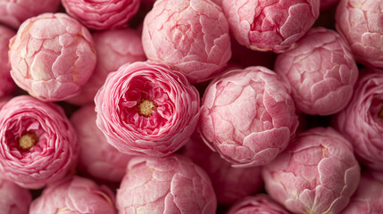 Top view of a lush arrangement of fresh pink damask roses, forming a soft and delicate floral backdrop, perfect for weddings or spring-themed designs.