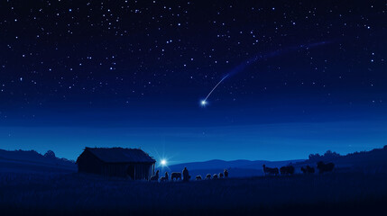 Serene Nativity Scene Under a Star-Filled Night Sky with Radiant Star and Three Wise Men Approaching in Peaceful Reverence







