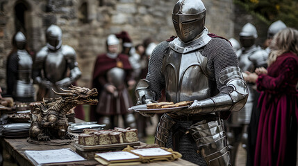 A knight in full plate armor serves food at a medieval feast.  Other knights and a lady in a burgundy dress stand nearby. A dragon statue adorns the table.