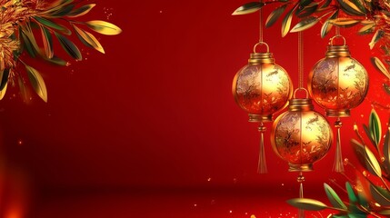 A vibrant red background features golden ornaments hanging amidst green foliage, creating a festive and celebratory atmosphere.