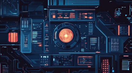 Obraz premium Futuristic network hub flat design top view cyberpunk theme cartoon drawing Triadic Color Scheme