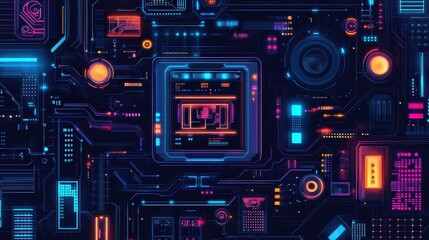 Fototapeta premium Futuristic network hub flat design top view cyberpunk theme cartoon drawing Triadic Color Scheme