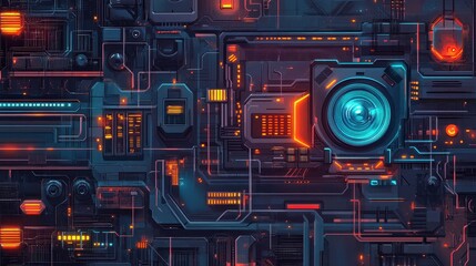 Futuristic network hub flat design top view cyberpunk theme cartoon drawing Triadic Color Scheme