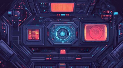 Futuristic network hub flat design top view cyberpunk theme cartoon drawing Triadic Color Scheme