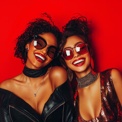 Obraz premium Fashionable women posing together studio setting portrait photography vibrant red background close-up view empowerment and style