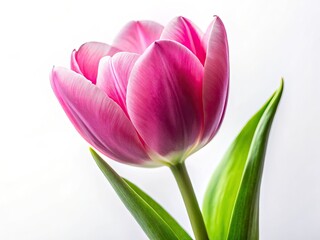 Naklejka premium A vibrant pink tulip blooms, isolated on white, a candid spring blossom captured in floral photography.