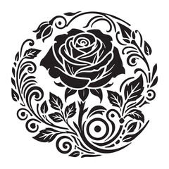 The Enchanted Rose Silhouette Vector Illustration, Solid White Background.