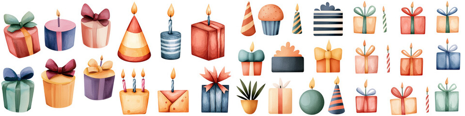 Birthday celebration, gifts games and watercolor, Colorful gifts and cakes with candles, ideal for celebrations and special occasions.