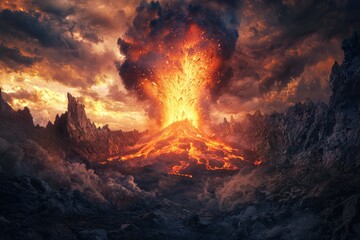 dramatic eruption of a volcano belching lava and ash into a cloudy sky, showcasing the fierce contrast of glowing molten rock against dark volcanic stones in a stark landscape