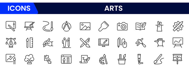 Set of line icons in linear style. Series - Art and culture. Creativity, sculpture, architecture, museum, theater, gallery and painting. Outline icon collection.