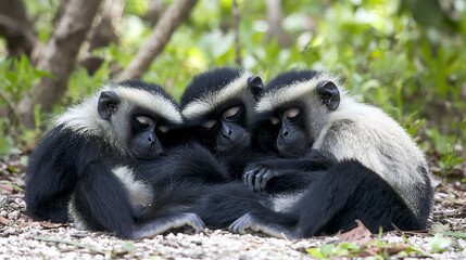Obraz premium Three monkeys huddling together for warmth while sleeping outdoors on a sunny day