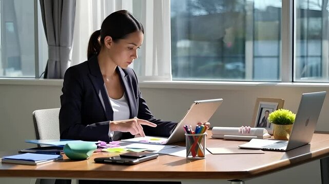 Tablet, planning and thinking with business man in office for problem solving or strategy on window. Brainstorming, mindmap and sticky notes with corporate employee at work for agenda or schedule