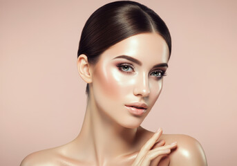 Fototapeta premium A young woman with luminous skin and soft, natural makeup. Her hair is styled in a neat updo