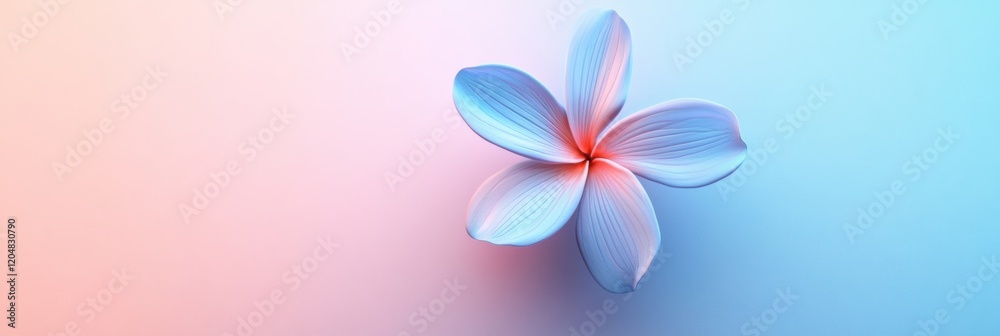 Poster brightly colored plumeria flower against a soft gradient background in shades of pink and blue. gene