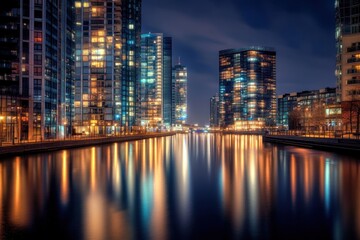 Fototapeta premium Night Cityscape Reflections: Canary Wharf at Night