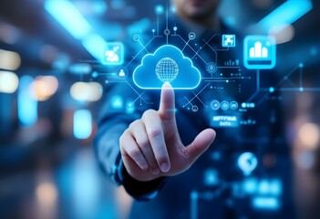 Human hand touches virtual hologram with technology icons such as cloud data, artificial intelligence, and digital networks. 