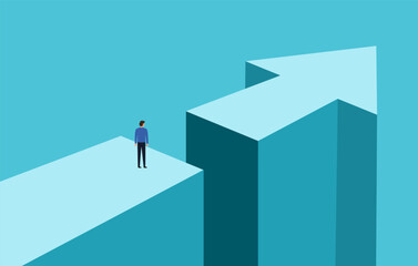 Business challenge or obstacle vector concept. Businessman standing on the edge of gap with arrow going through. Concept of courage, bravery, risk. 