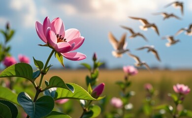 Fototapeta premium A vibrant image of pink flowers blooming in a field, with a bird soaring through a clear blue sky, symbolizing freedom, growth, and hope.