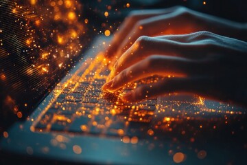 Hands Typing on Laptop with Floating Digital Icons for Online Communication and Information Exchange