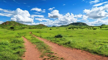 Obraz premium African savanna, dirt road, splitting paths, sunny day, clouds