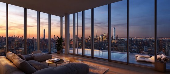 Fototapeta premium Luxury Penthouse with Stunning Cityscape at Sunset