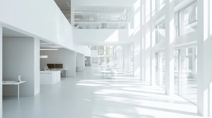 Modern open office space with white walls and natural light, concept of workspace productivity.