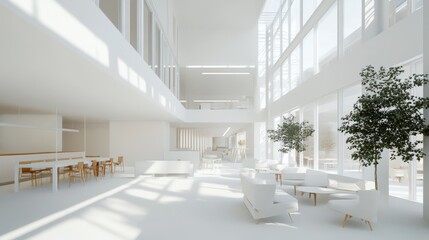 Fototapeta premium Modern open office space with white walls and natural light, concept of workspace productivity.