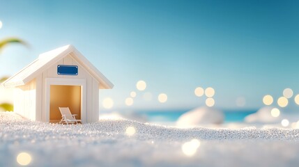 Naklejka premium Tranquil Beach House with Summer Lounge Chair and Sparkling Sand