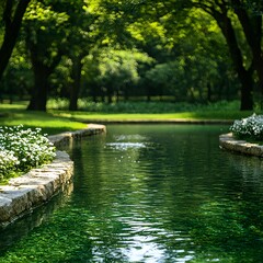 Fototapeta premium Tranquil Garden Scene with Lush Green Trees and Calm Water Features